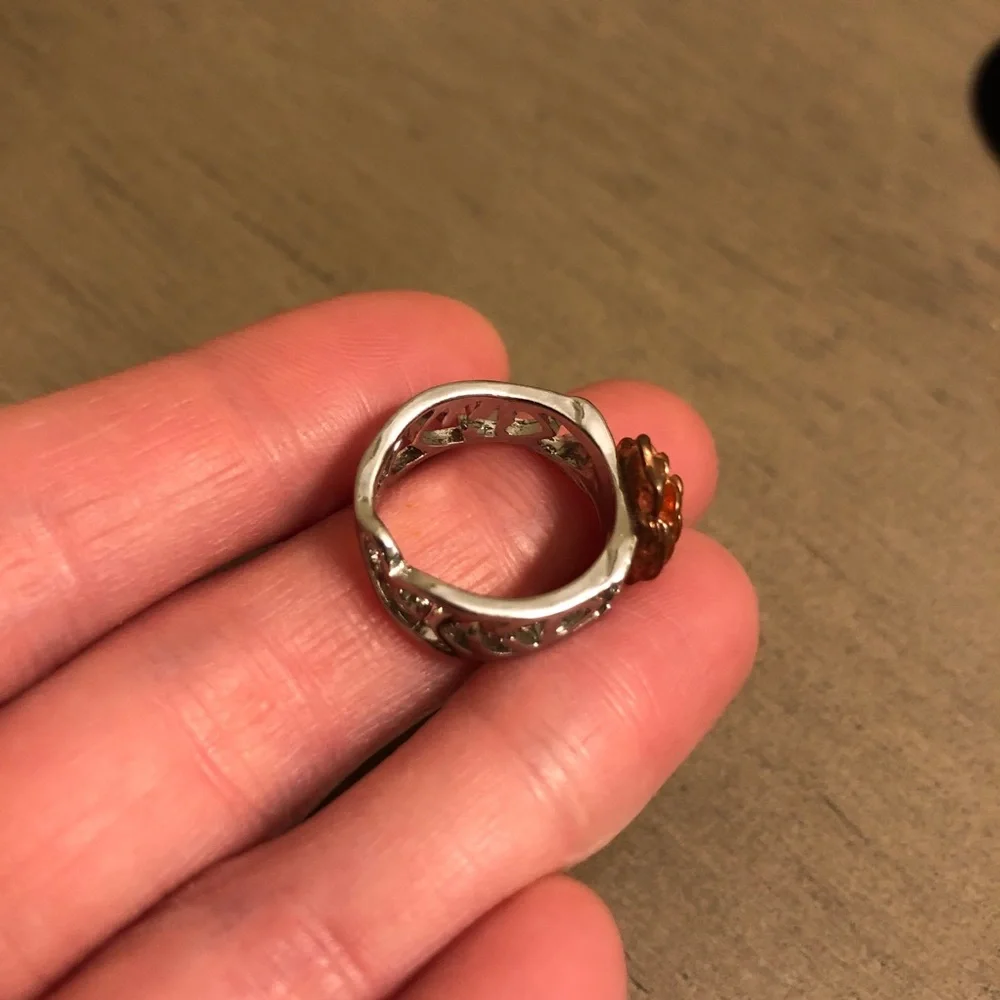 Vintage Silver Tone and Red-Orange Rose Ring